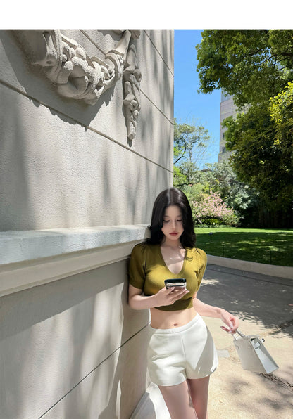 溫柔心事❤️V領泡泡袖針織短版上衣