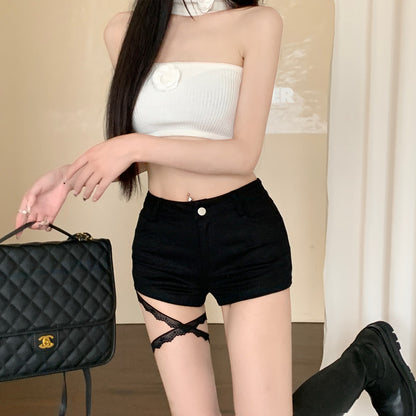 時尚設計感蕾絲綁帶高腰短褲