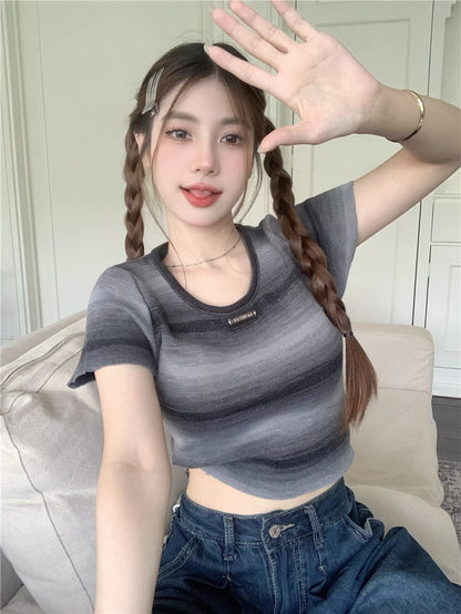 💕現貨秒出🍓多巴胺彩虹漸變色條紋針織T袖