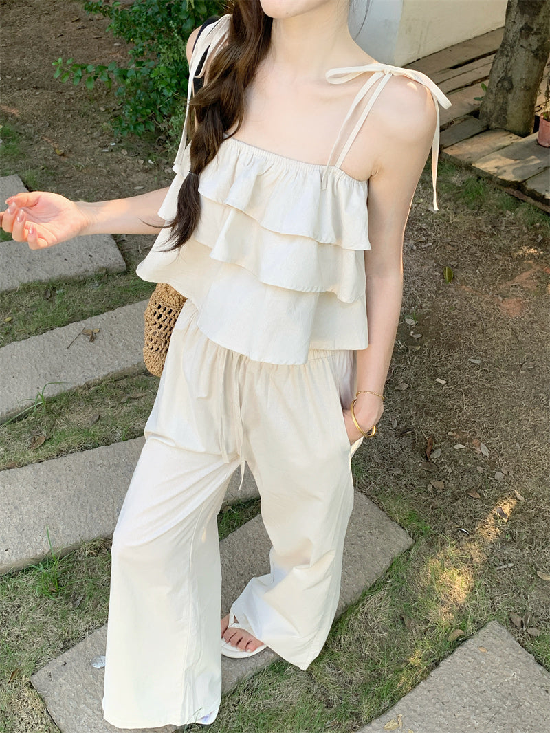 春夏清冷系荷葉邊配長褲兩件套
