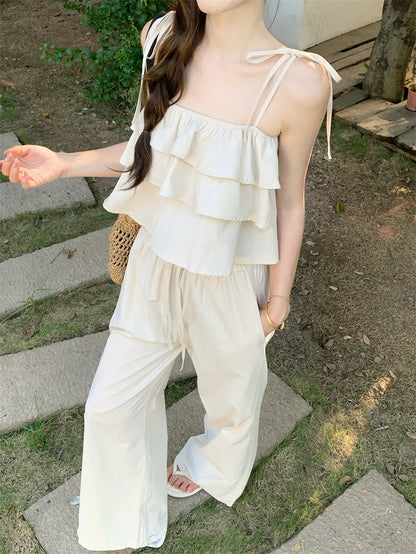 春夏清冷系荷葉邊配長褲兩件套
