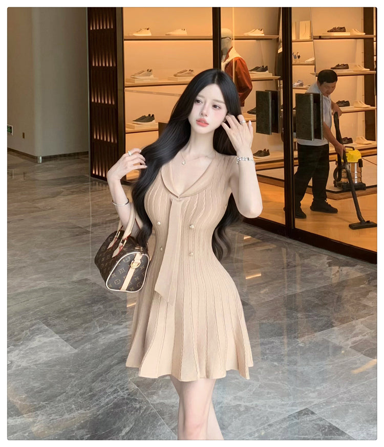 💕現貨秒出🍓法式無袖針織小香風連衣短裙