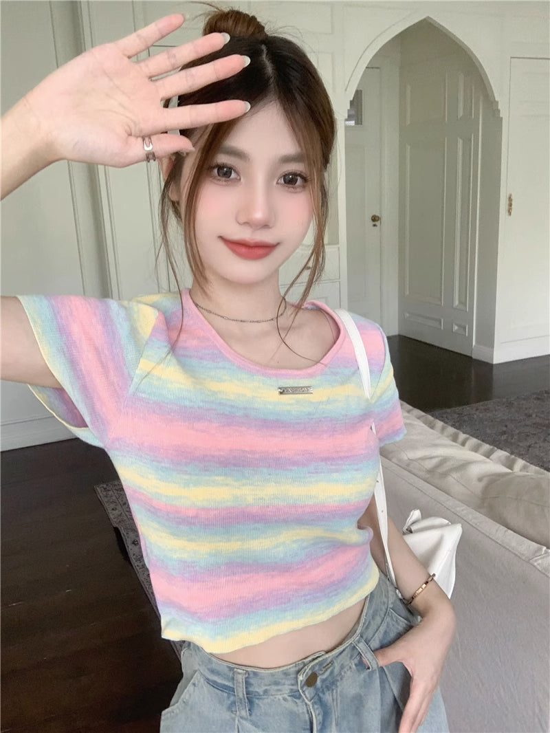 💕現貨秒出🍓多巴胺彩虹漸變色條紋針織T袖