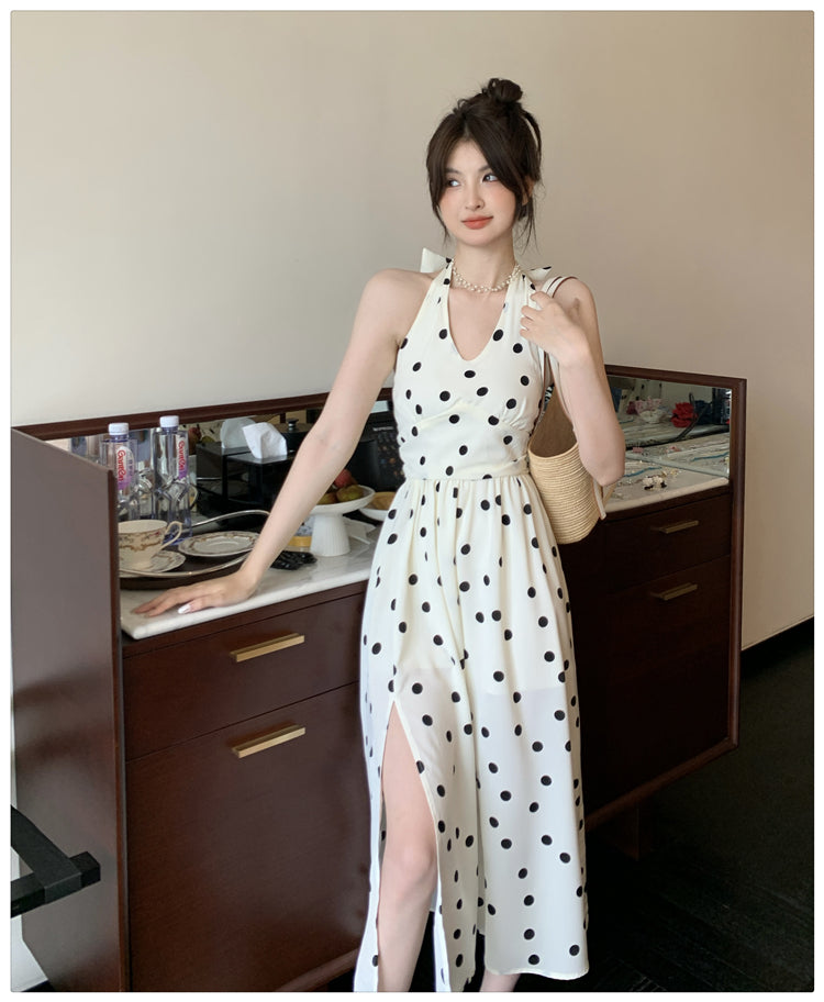 春夏法式可愛點點掛脖開衩中長裙