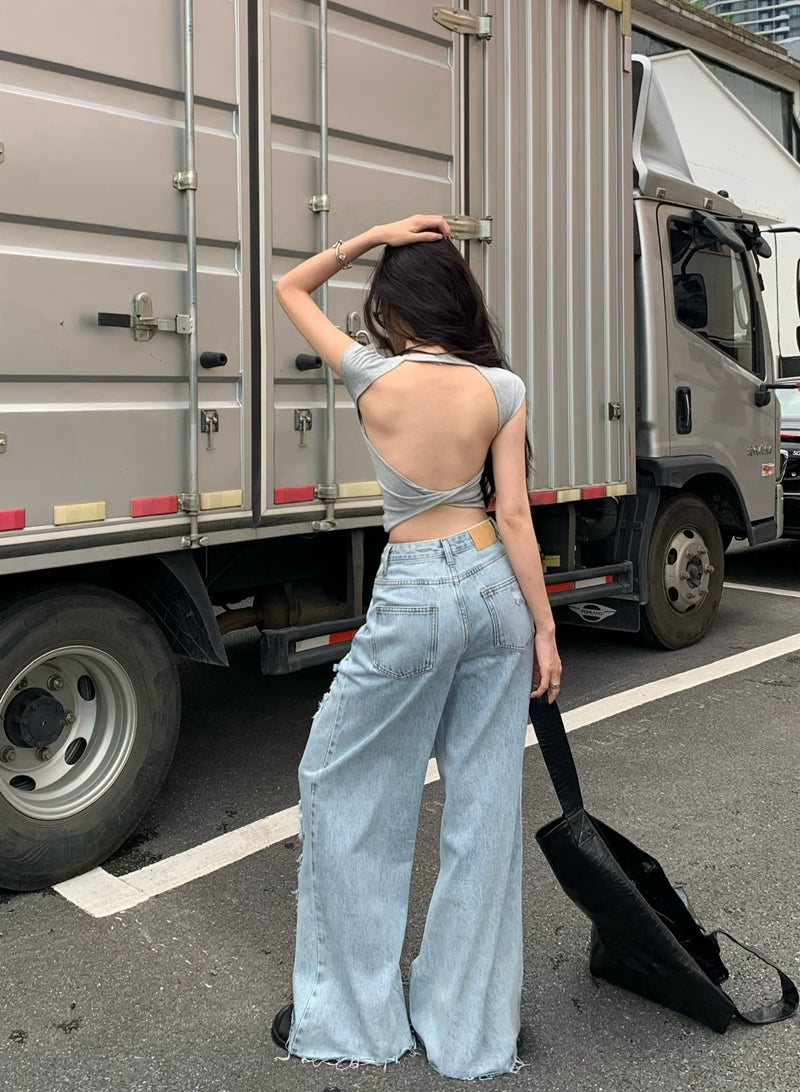 歐美后背交叉露背圓領正肩上衣