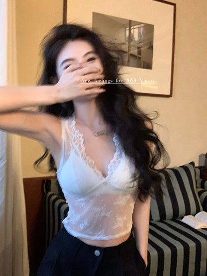 💐浪漫V領蕾絲背心+針織開衫疊穿兩件套💕