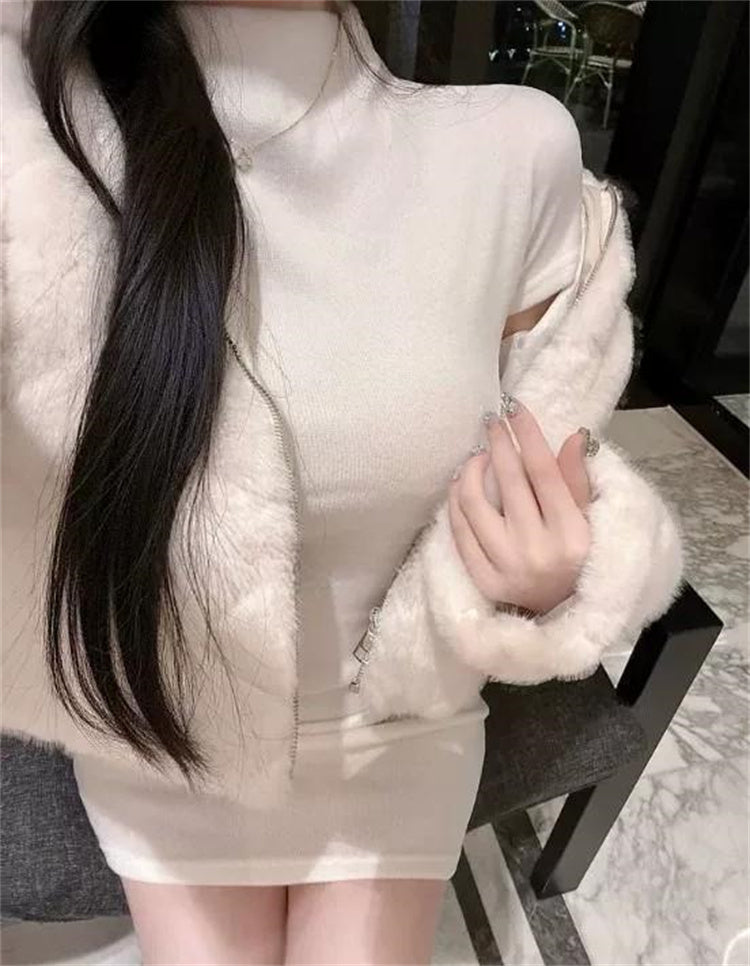 韓系春季微透修身高領短袖包臀短裙