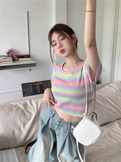 💕現貨秒出🍓多巴胺彩虹漸變色條紋針織T袖