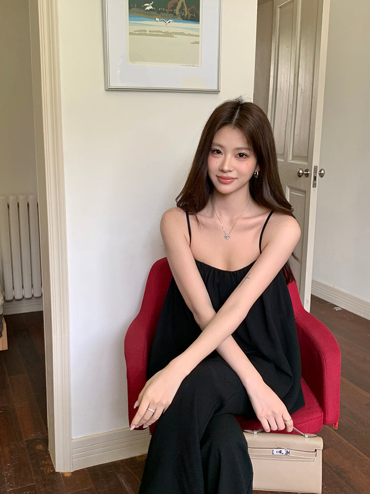 高級千金風吊帶上衣&直筒微喇叭長褲兩件套