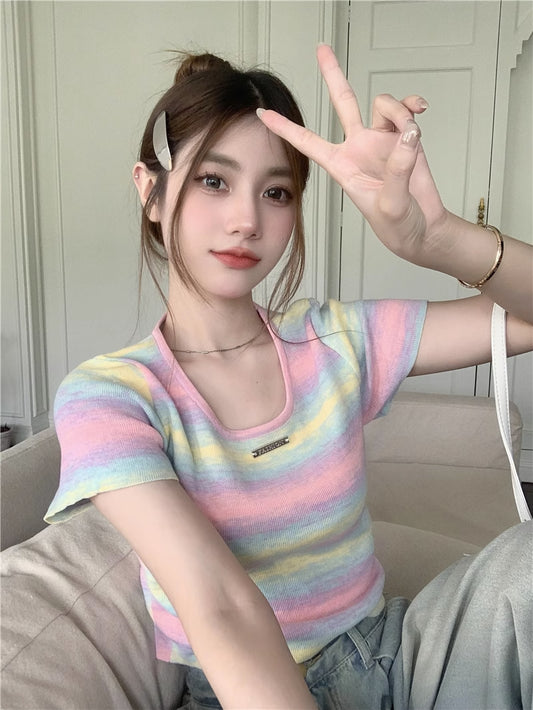 💕現貨秒出🍓多巴胺彩虹漸變色條紋針織T袖