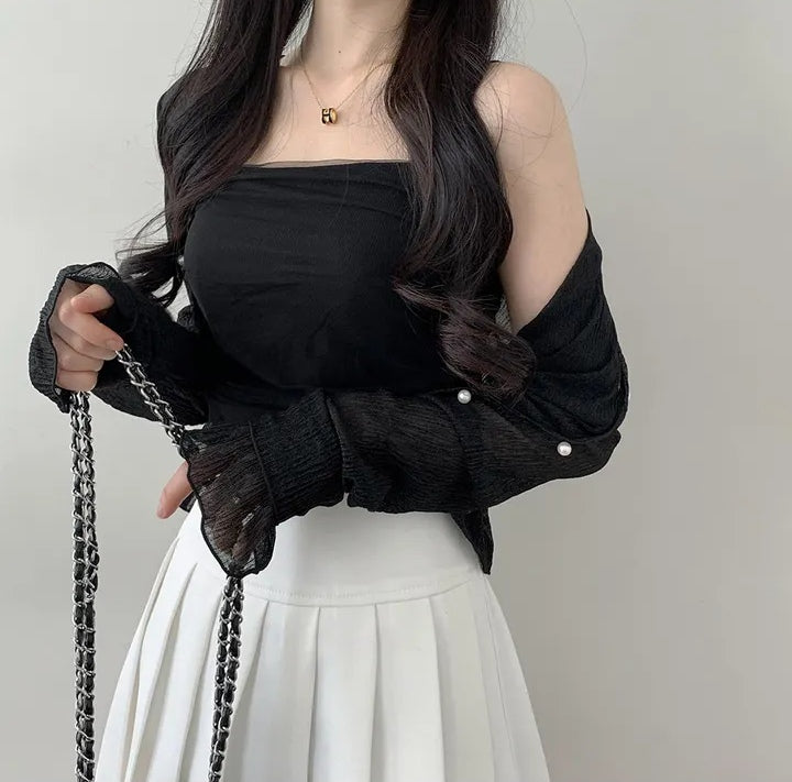 chic甜美防曬長袖雪紡開衫&網紗拼接針織吊帶背心