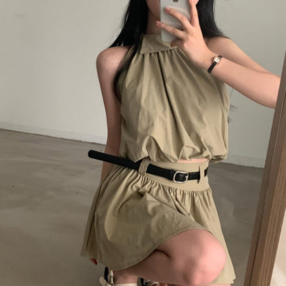 💕現貨秒出🍓韓系chic時尚背心高腰翻領兩件套