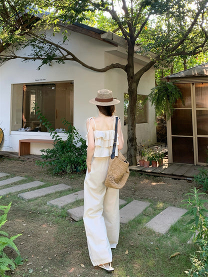 春夏清冷系荷葉邊配長褲兩件套