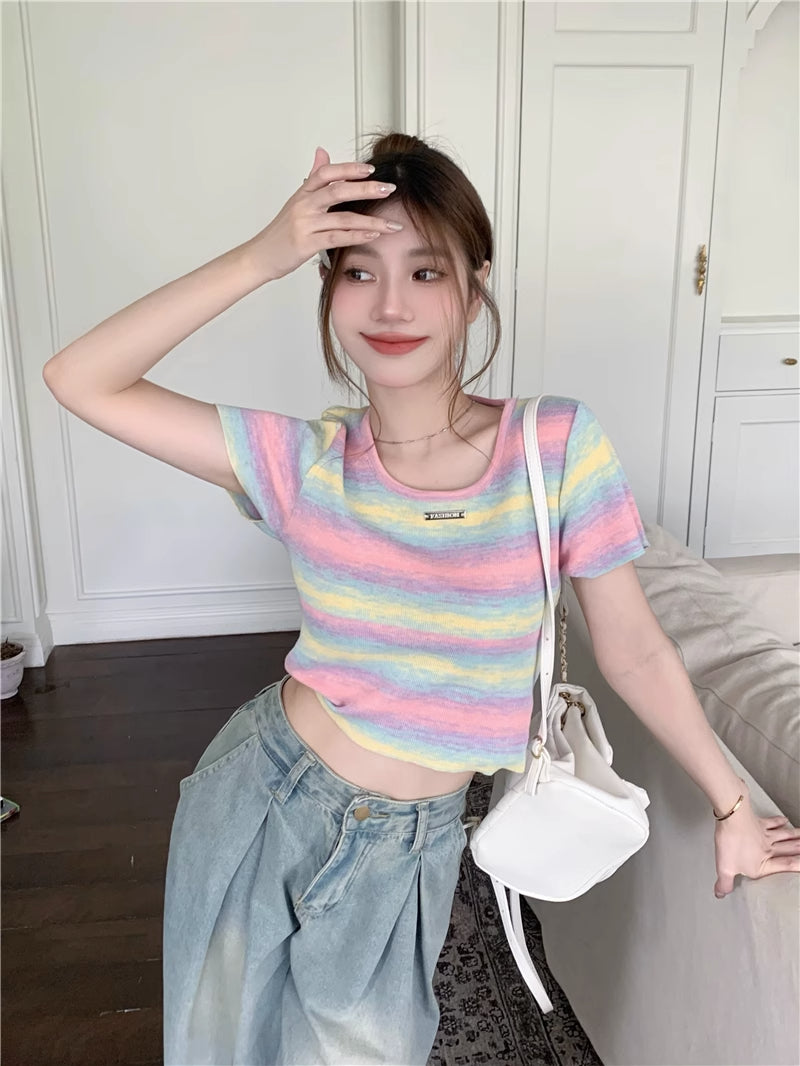 💕現貨秒出🍓多巴胺彩虹漸變色條紋針織T袖