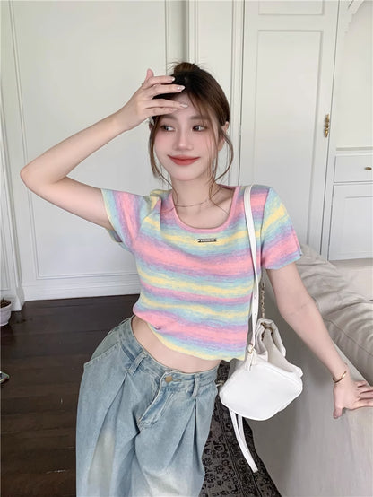 💕現貨秒出🍓多巴胺彩虹漸變色條紋針織T袖