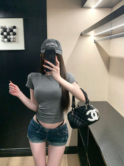 簡約燙鑽圓領正肩帶胸墊上衣