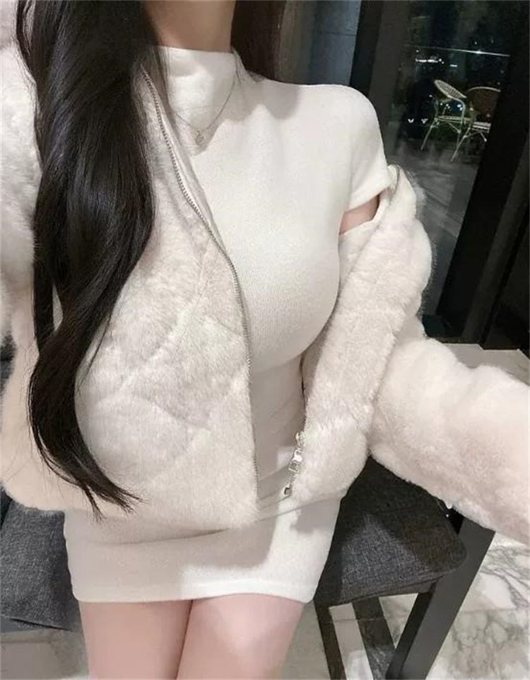 韓系春季微透修身高領短袖包臀短裙