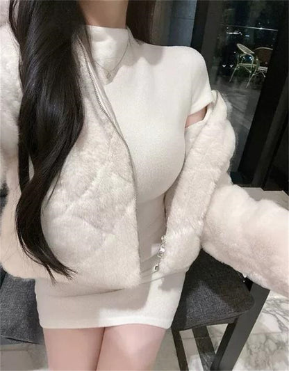 韓系春季微透修身高領短袖包臀短裙