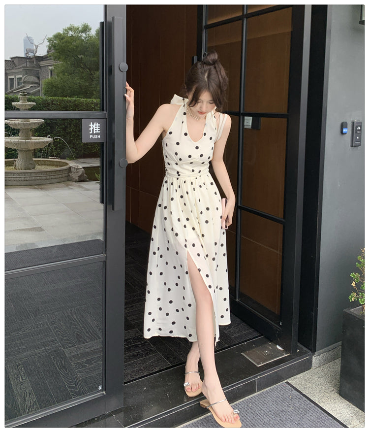 春夏法式可愛點點掛脖開衩中長裙