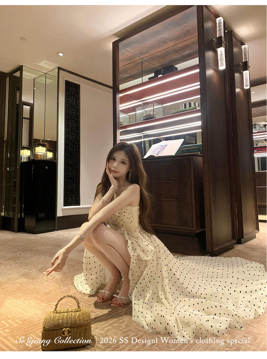 法式華麗小點點連身前短後長小禮服