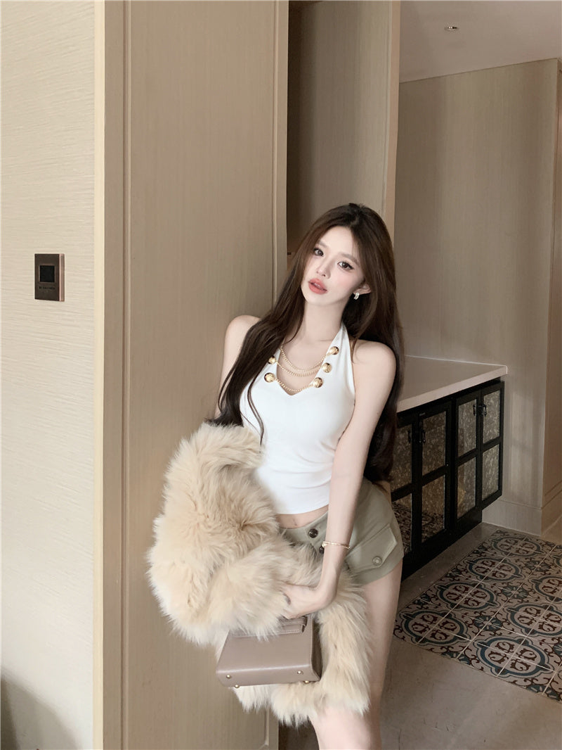 💕現貨秒出🍓⭐V領掛脖吊帶短版上衣😘