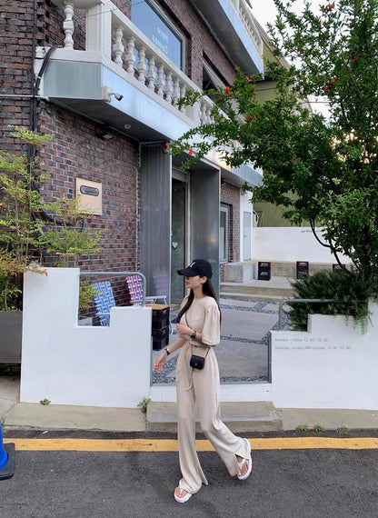 懶人必備簡約上衣配寬褲兩件套