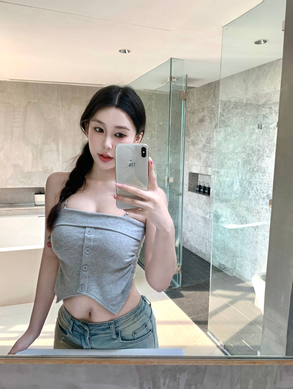 洋氣吊帶個性不規則鈕扣上衣