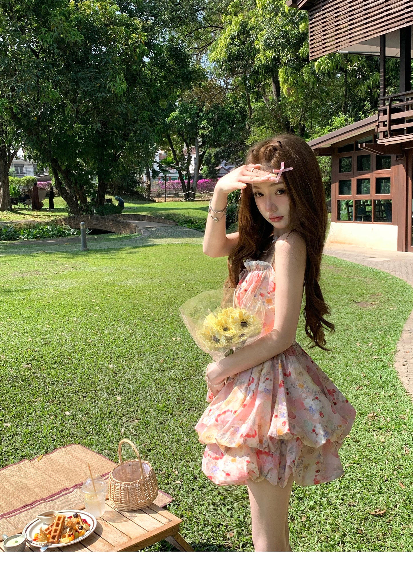ins風氛圍感度假吊帶花苞澎澎裙連衣裙
