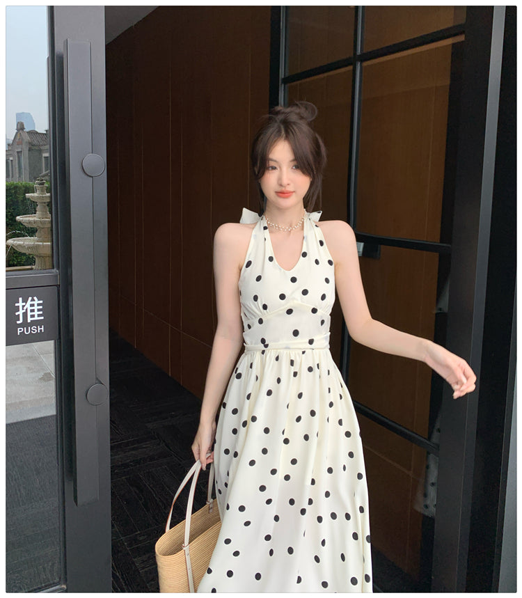 春夏法式可愛點點掛脖開衩中長裙