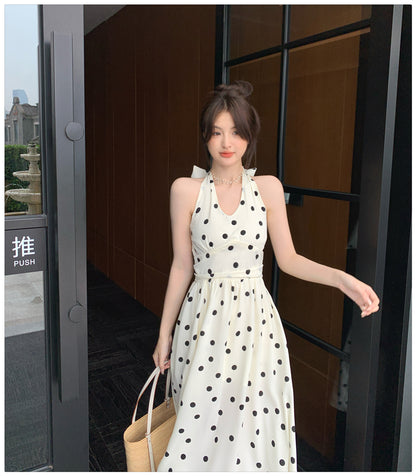 春夏法式可愛點點掛脖開衩中長裙