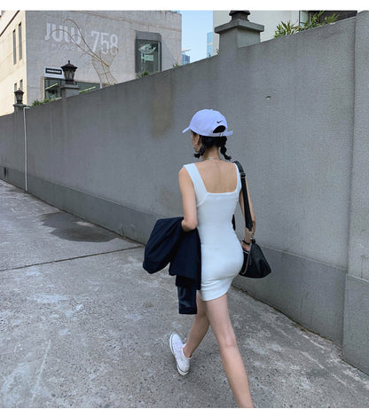 夏季簡約方領緊身包臀短裙