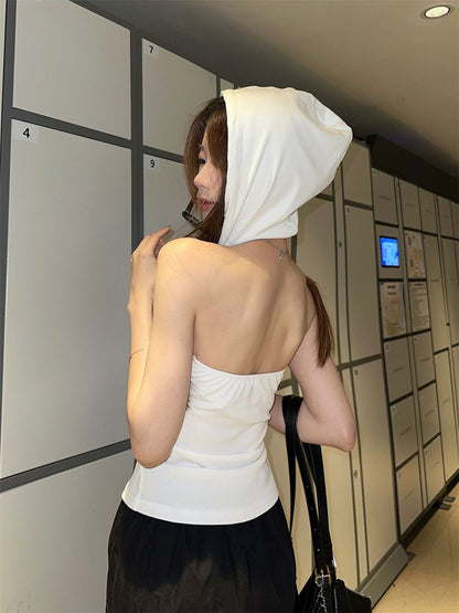 連帽後背簍空V領帶胸墊短款上衣