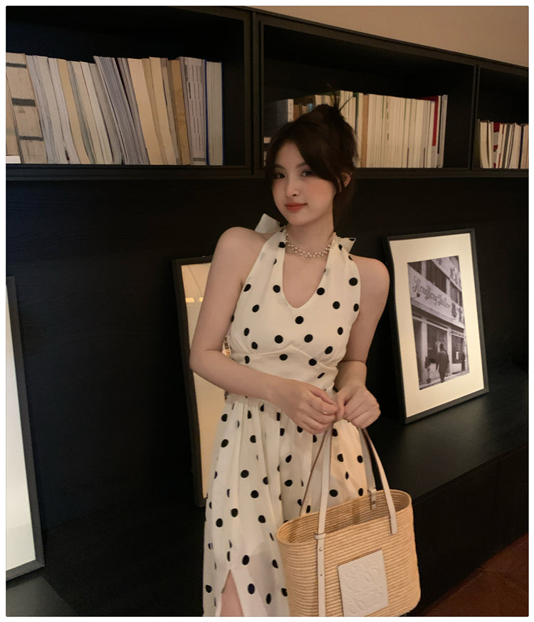 春夏法式可愛點點掛脖開衩中長裙