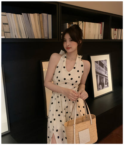 春夏法式可愛點點掛脖開衩中長裙