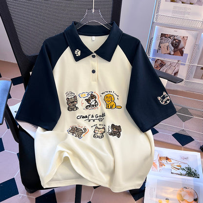 超可愛日常雙色拼接刺繡動物polo衫