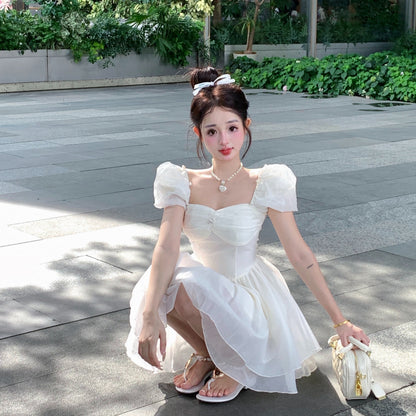 甜美生日宴會出片方領泡泡袖小禮服