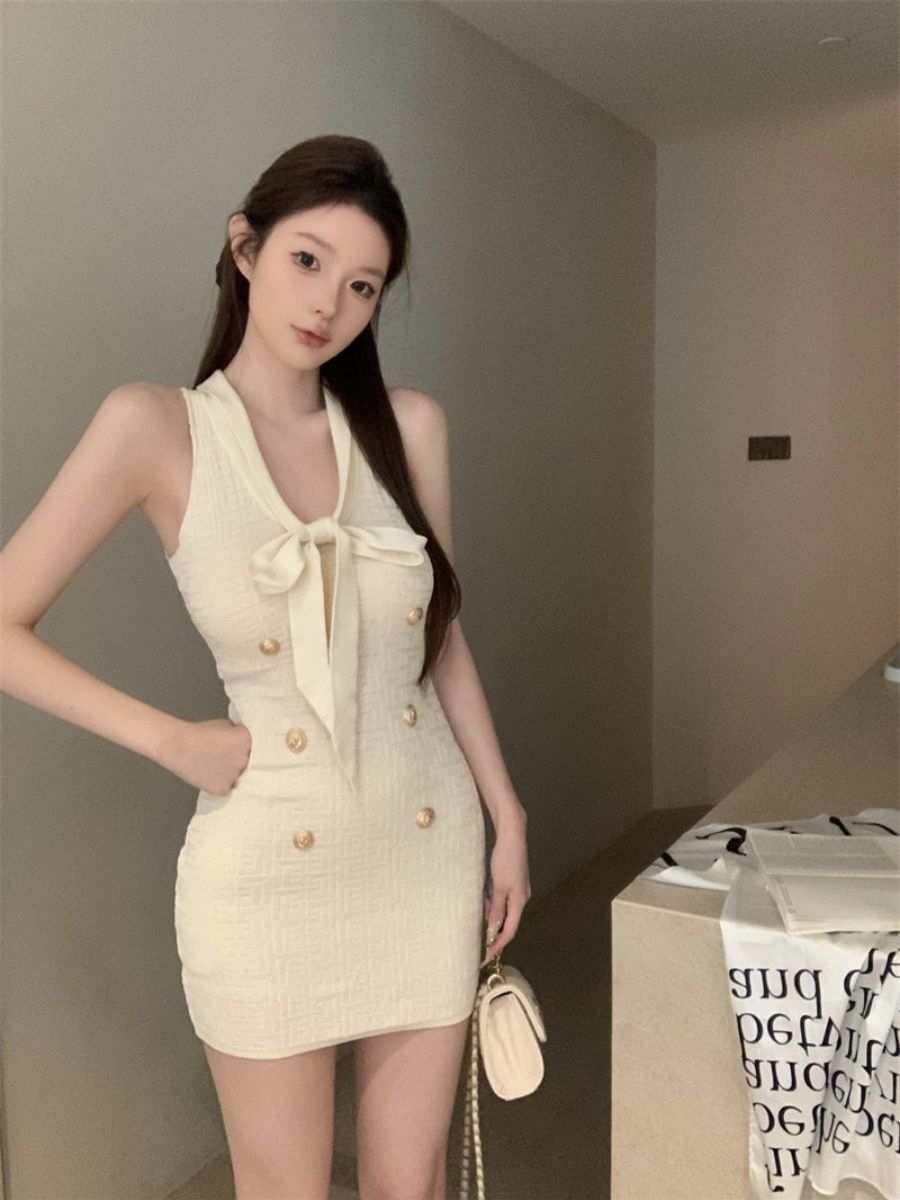 💕現貨秒出🍓小香風無袖收腰針織背心連衣裙