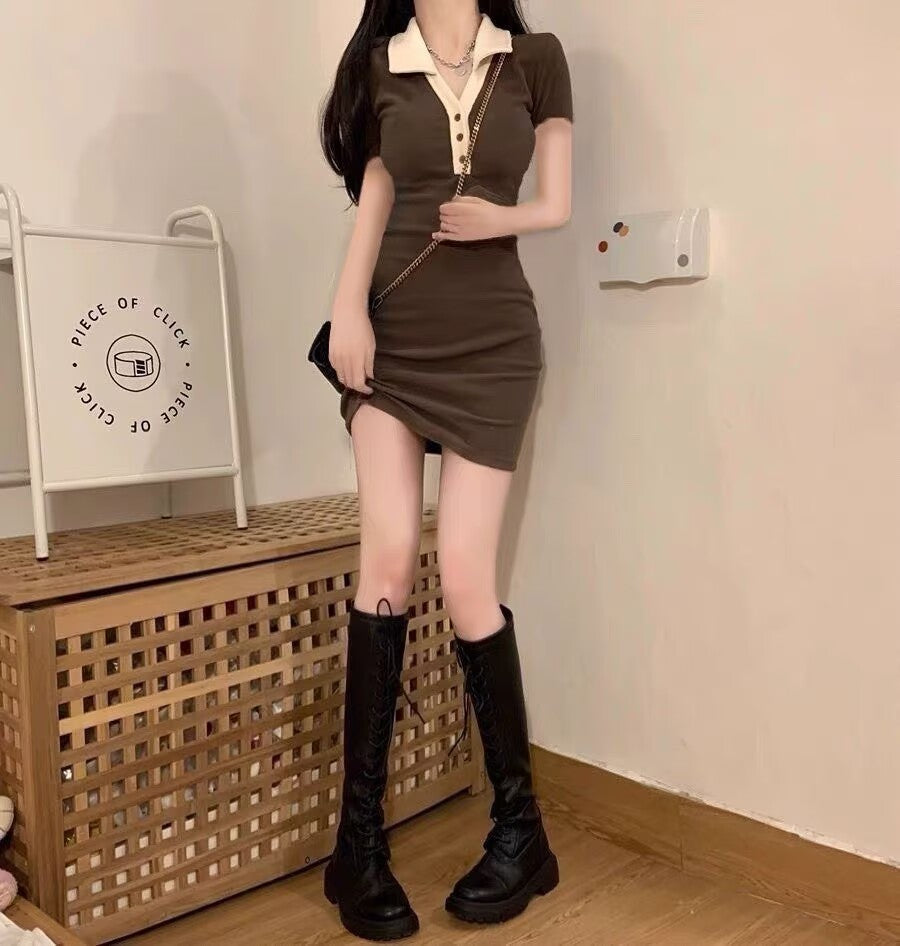 撞色顯瘦POLO領包臀連身短裙