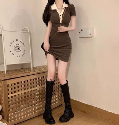 撞色顯瘦POLO領包臀連身短裙