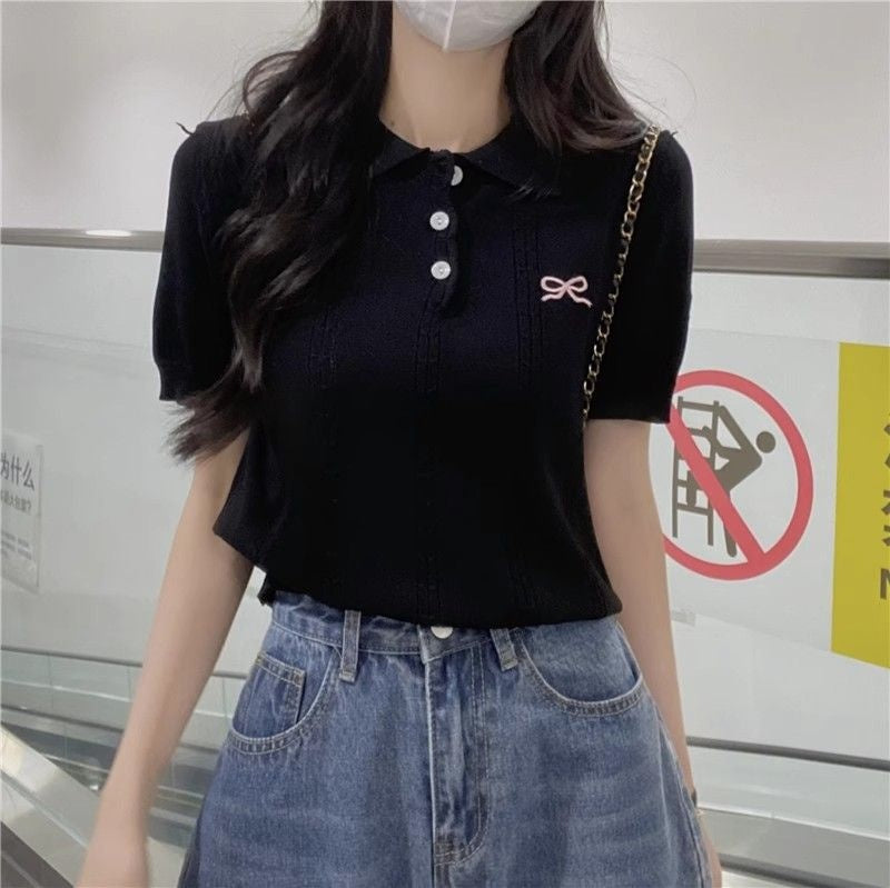 POLO領蝴蝶結刺繡上衣🎀