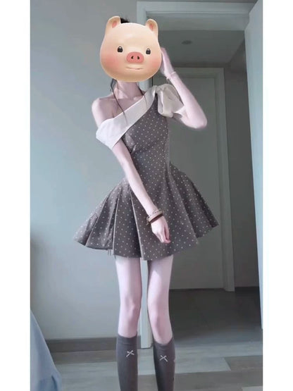 優雅一字肩蝴蝶結點點收腰澎澎裙