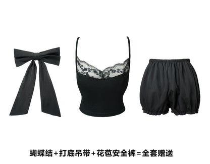 御姐赫本風黑色POLO無袖澎澎裙組
