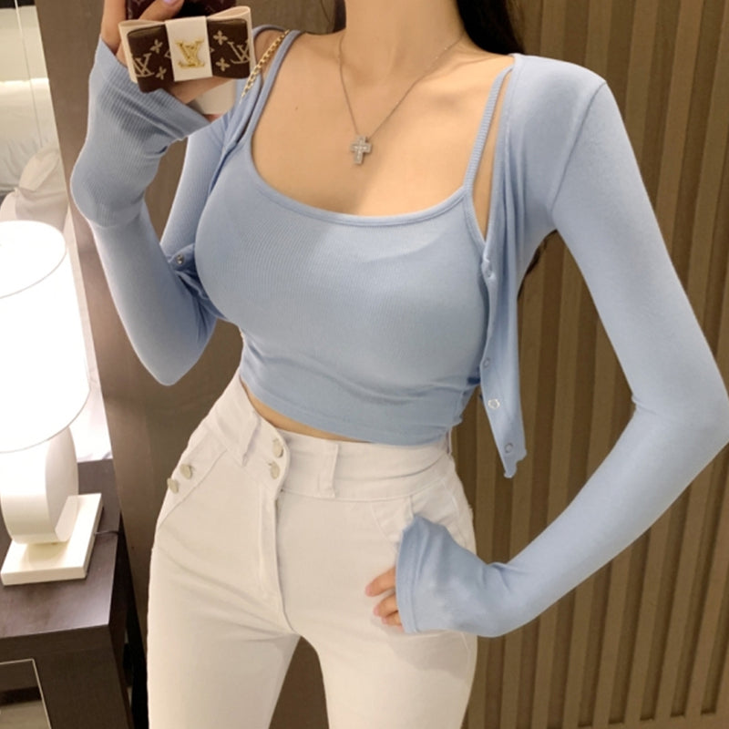 韓系緊身吊帶短版開衫套裝