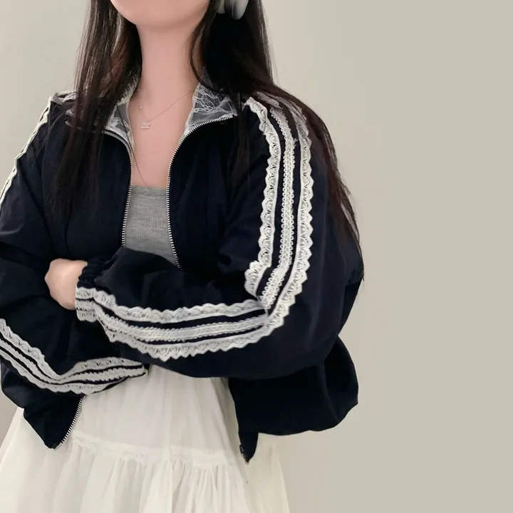 韓版雙層拼接蕾絲花邊棒球休閒外套