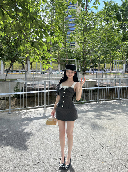 撞色條紋修身包臀兩件套