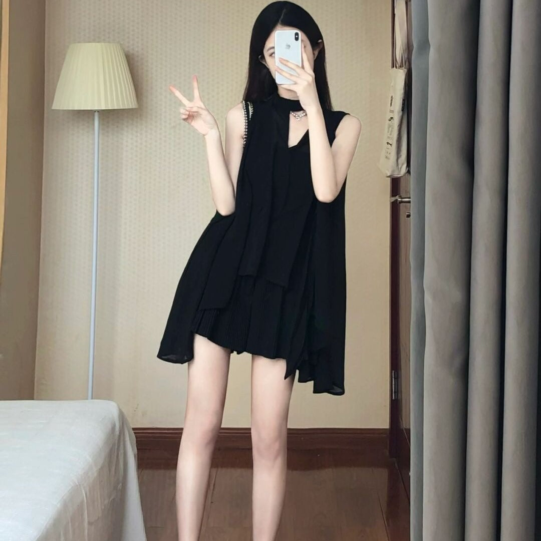 💕現貨秒出🍓法式氣質顯瘦掛脖雪紡吊帶連身衣
