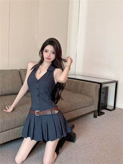 辣妹V領掛脖條紋連衣裙