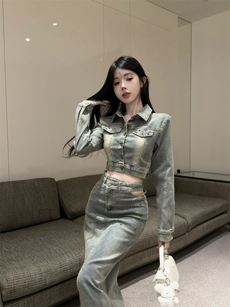 美式復古辣妹高腰開衩牛仔裙套裝
