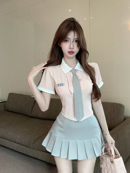 學院風淺粉JK制服套裝兩件套(含領帶)