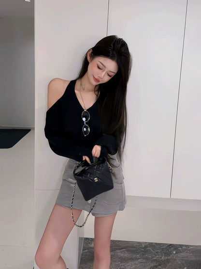 春夏性感V領露肩慵懶褲裙兩件套
